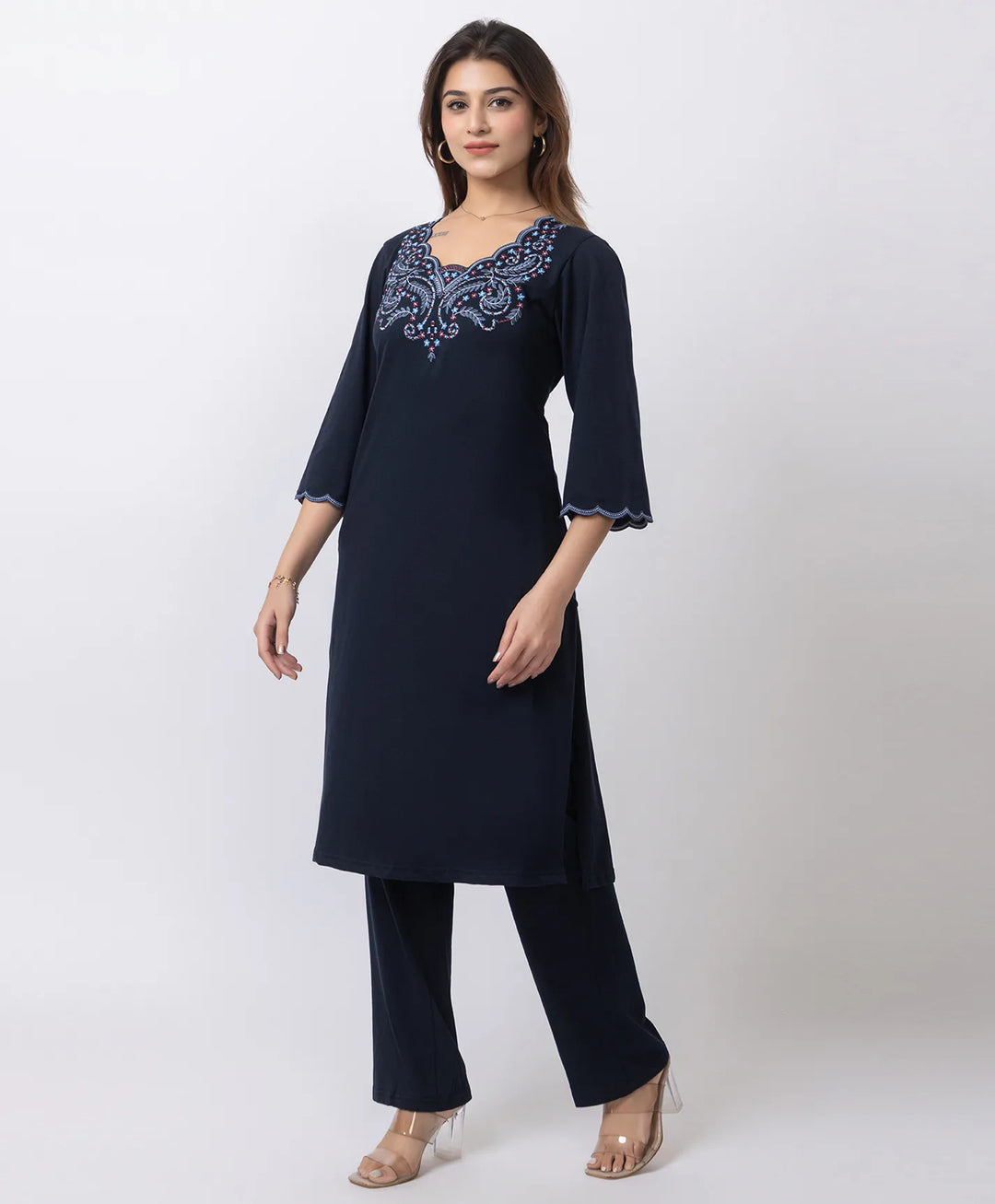 Graceful Long Kurta Set with Embroidered Neckline