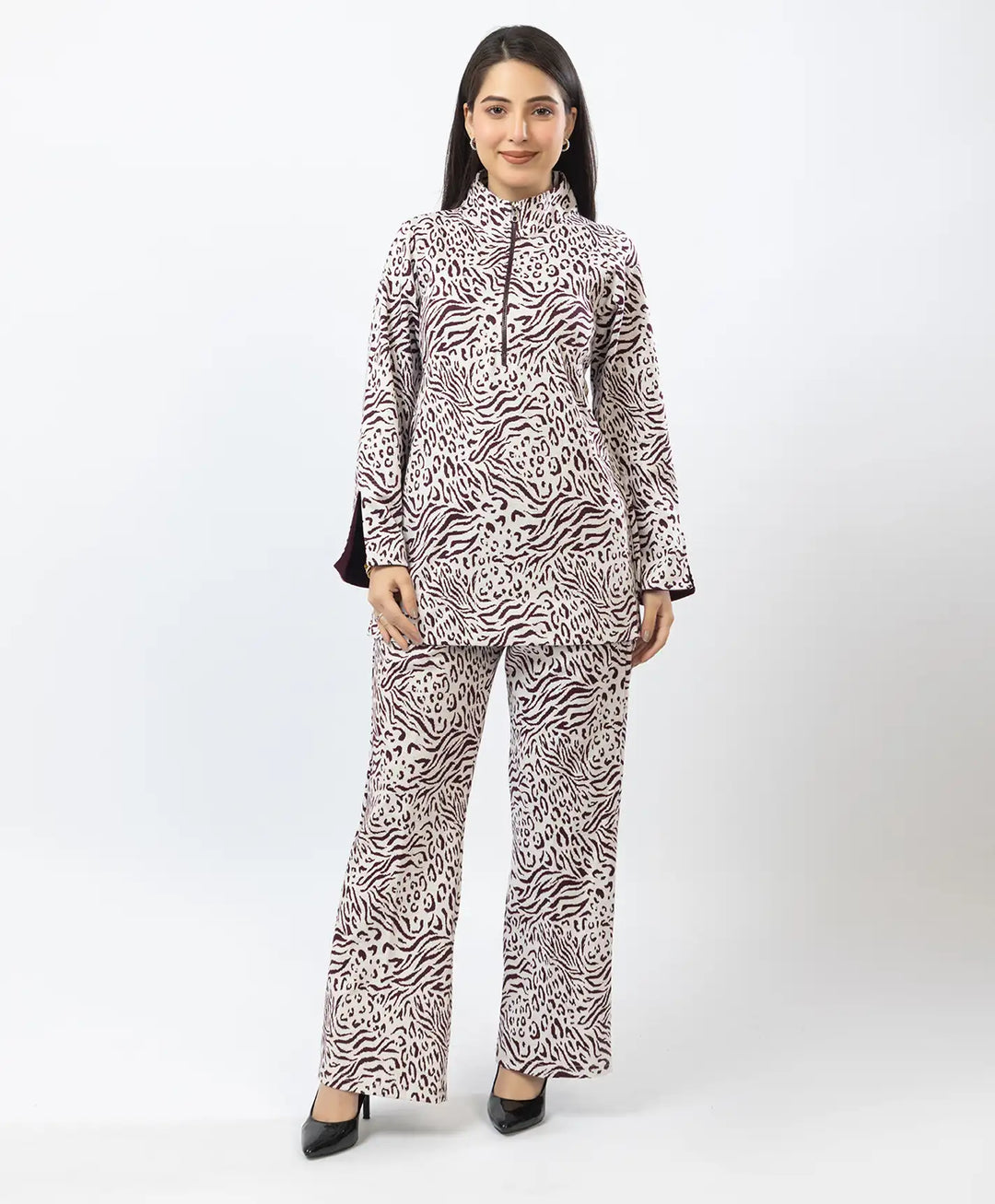 Fashion-Forward Printed Kurta with Stand Collar & Matching Straight Lower.