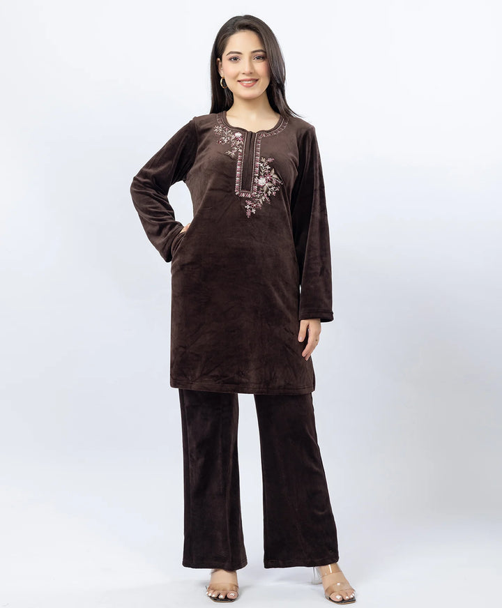 Round Neck Buttoned Kurta and Trouser Set with Embroidery & Pockets.