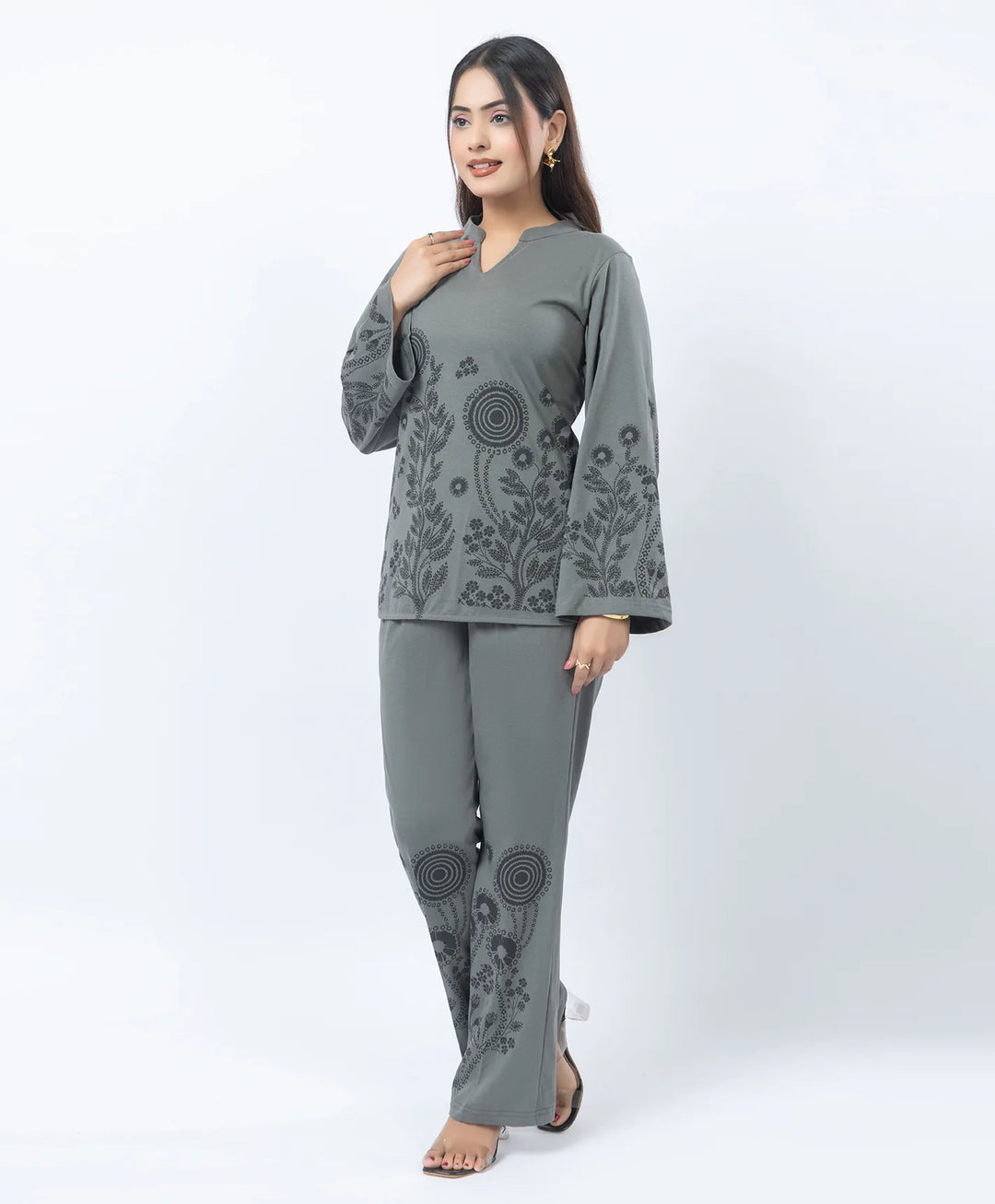 V-Notch Floral Tunic & Coordinated Printed Bottom Co-Ord Set