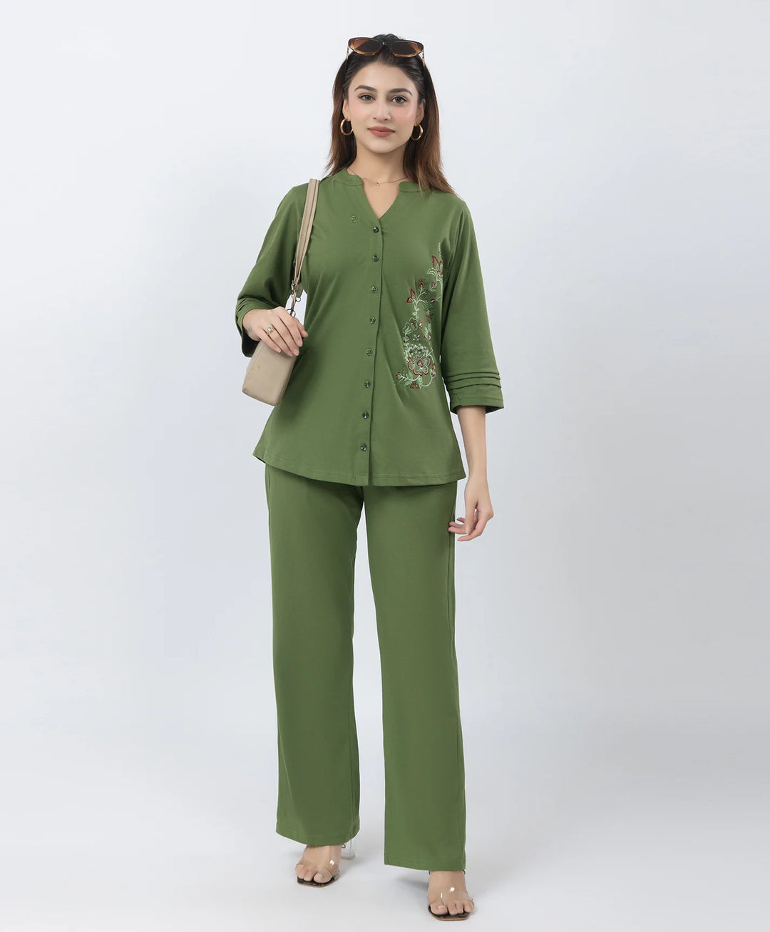 Front-Open Casual Embroidered Co-Ord Set