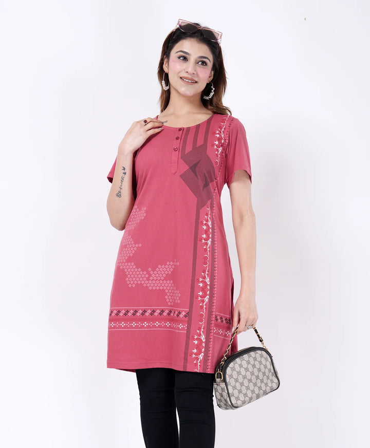 Elegant Printed Button-Neck Straight Long Top