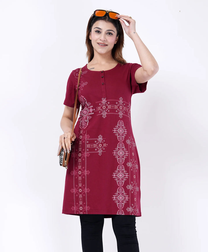 Elegant Printed Button-Neck Straight Long Top