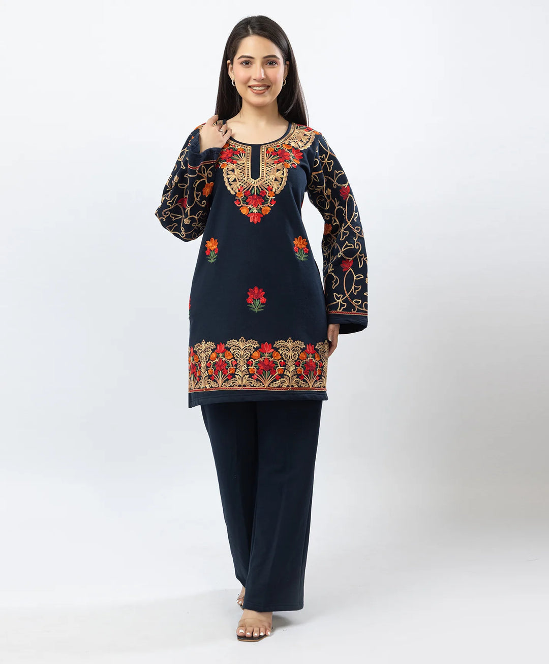 Kashmiri Floral Embroidered Fleece Kurta Set