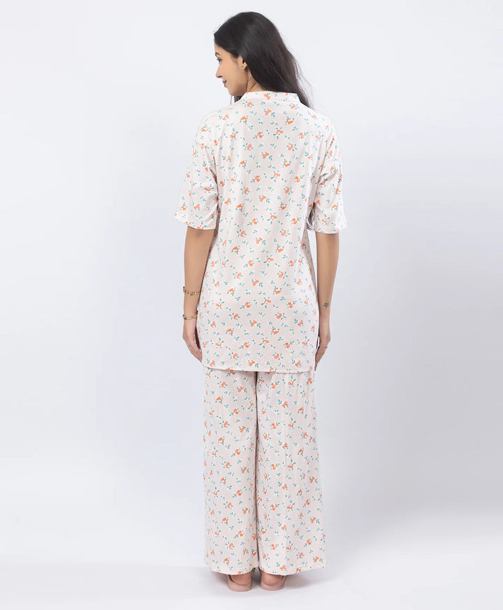 Front-Open Printed Wide-Leg Night Suit