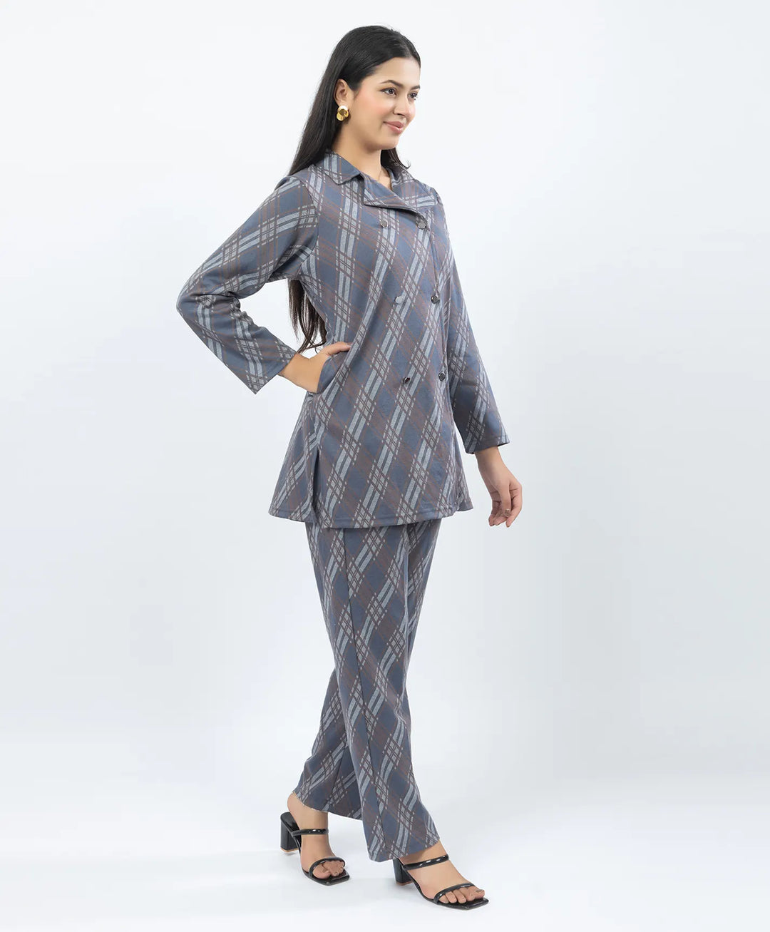 Checkered Co-Ord Set with Double-Button Front Placket & Straight Pants