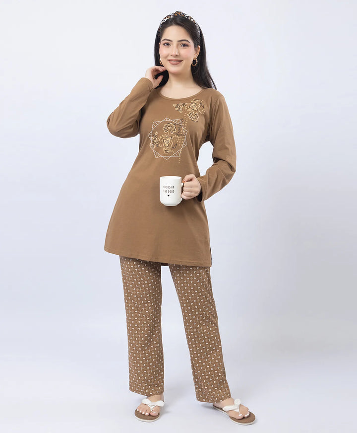 Elegant Printed Round-Neck Night Suit