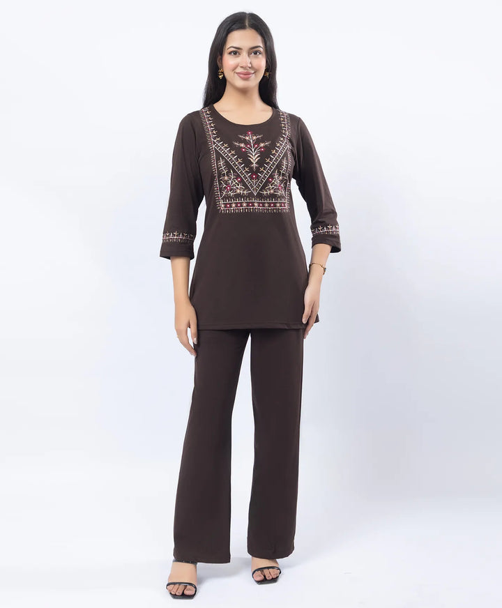 Premium Round Neck Embroidered Straight-Fit Co-Ord Set