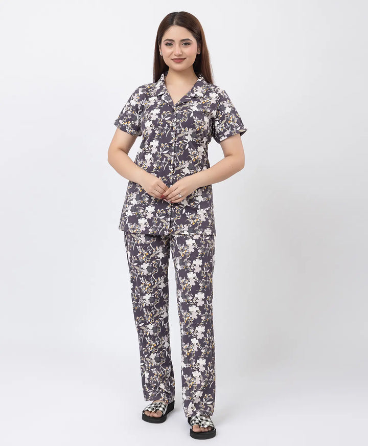 Floral Charm Front Open Night Suit