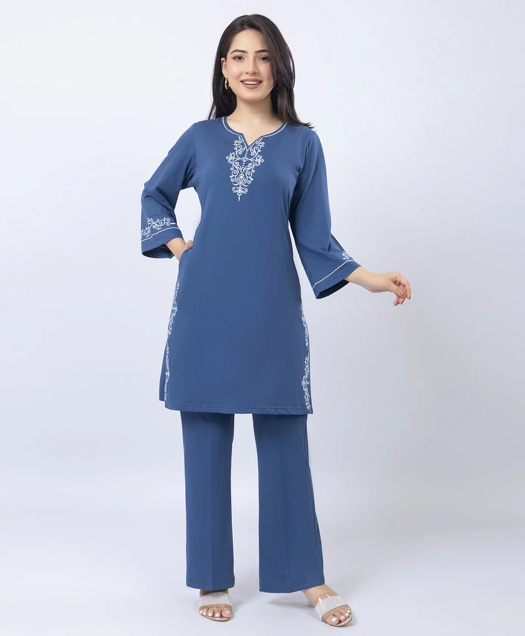 Embroidered V-Slit Straight Kurta Set