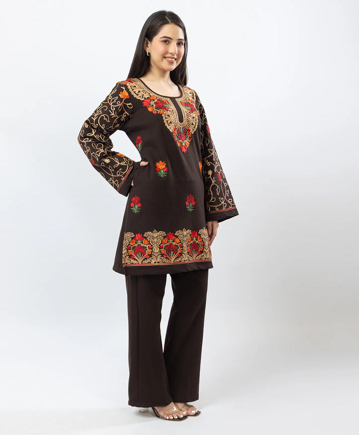 Kashmiri Floral Embroidered Fleece Kurta Set