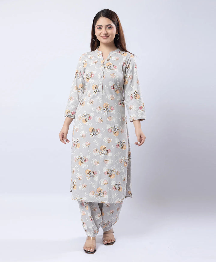 Mandarin Collar Quarter Sleeve Floral Kurti & Narrow Ankle Hem Afghani Suit