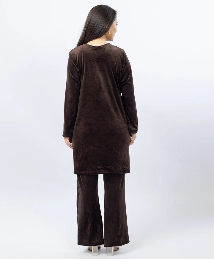 Round Neck Buttoned Kurta and Trouser Set with Embroidery & Pockets.