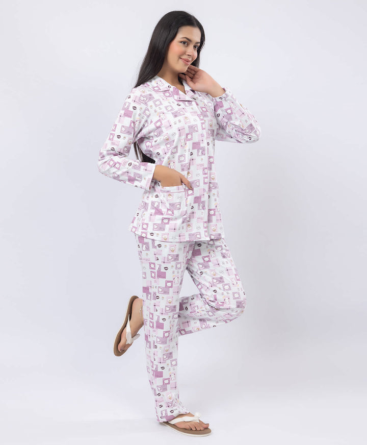 Printed Shirt Collar Front Open Night Suit Set