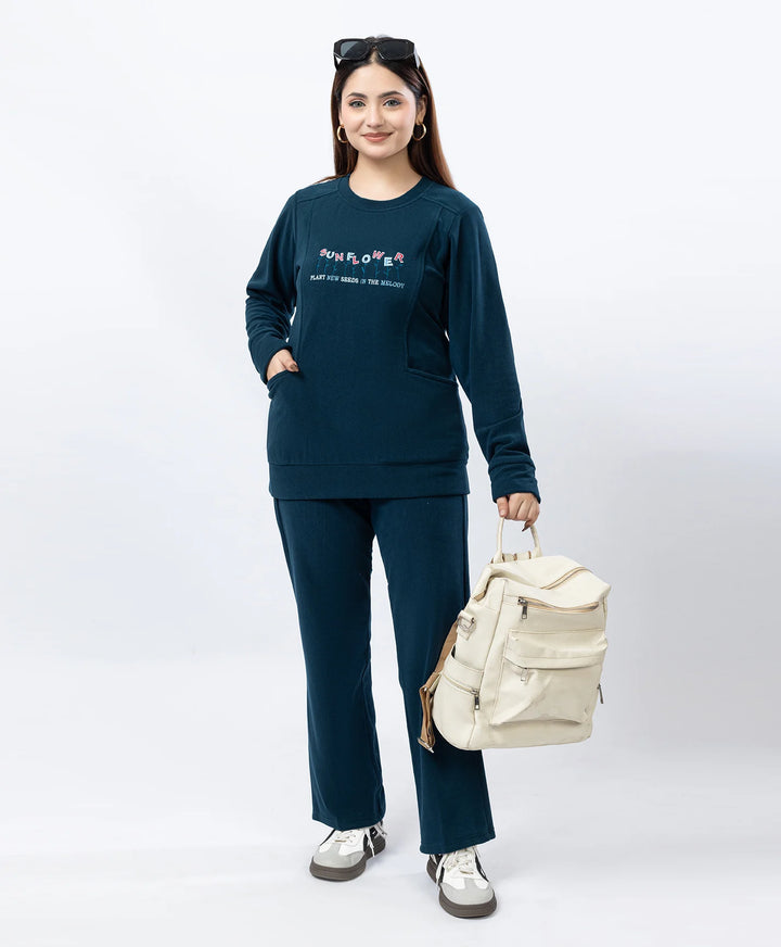 Round Neck Embroidered Tracksuit with Front Pocket