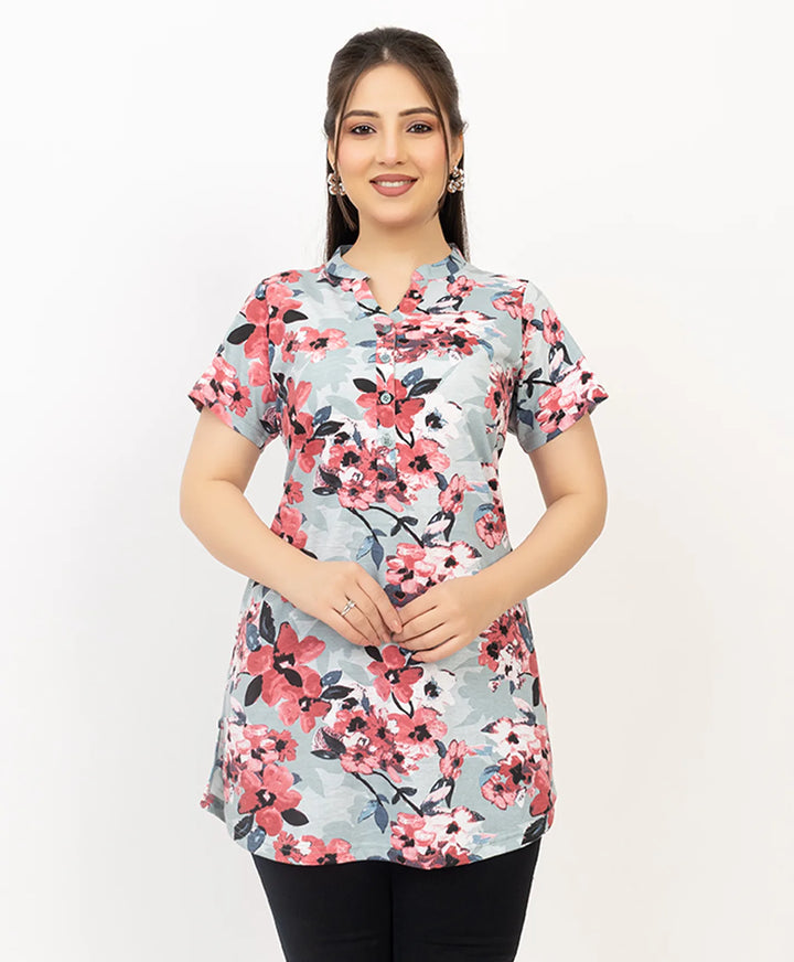 Floral Print Short Sleeve Tunic Kurti