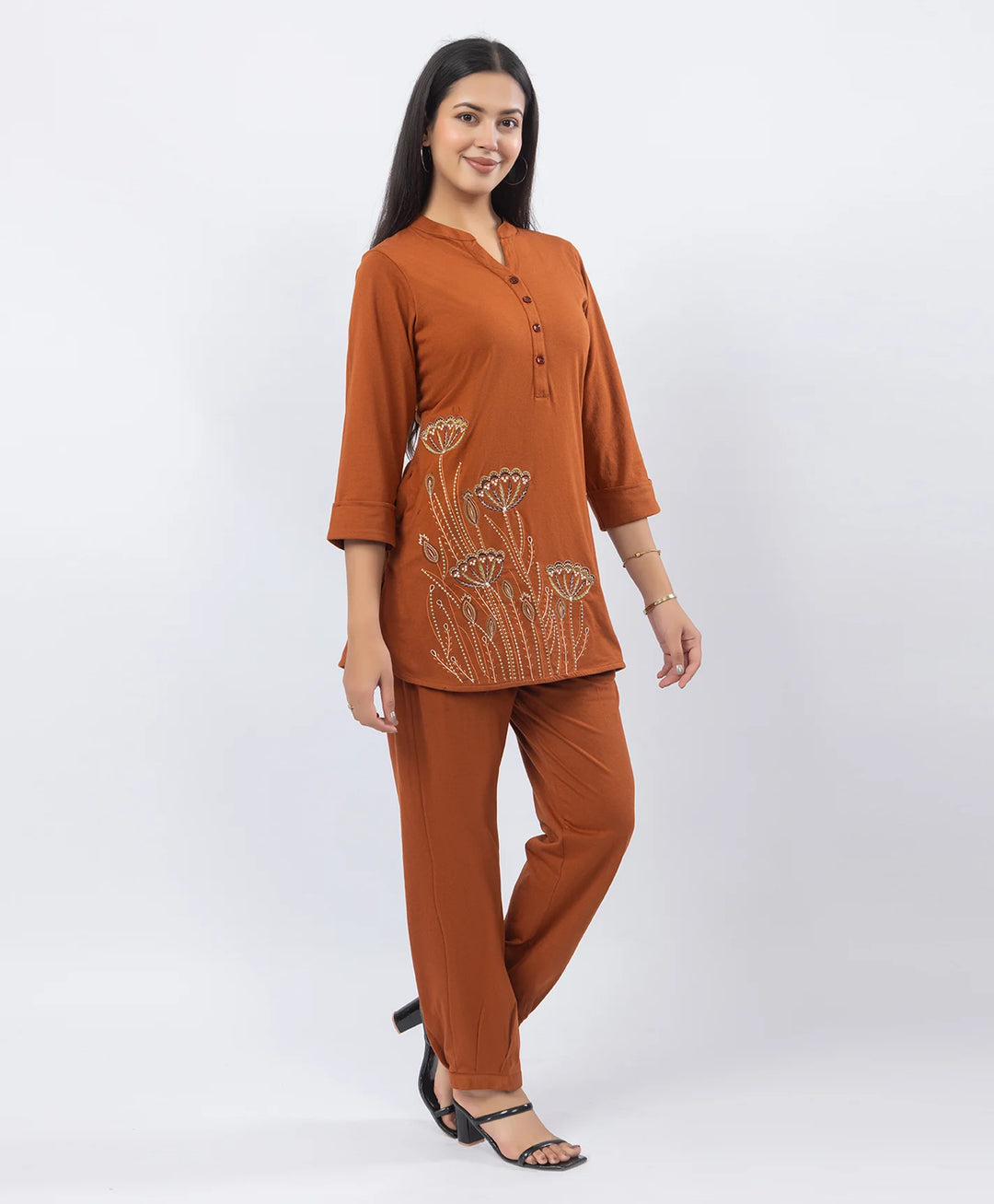Premium Floral Embroidered Mandarin Collar Kurta Set