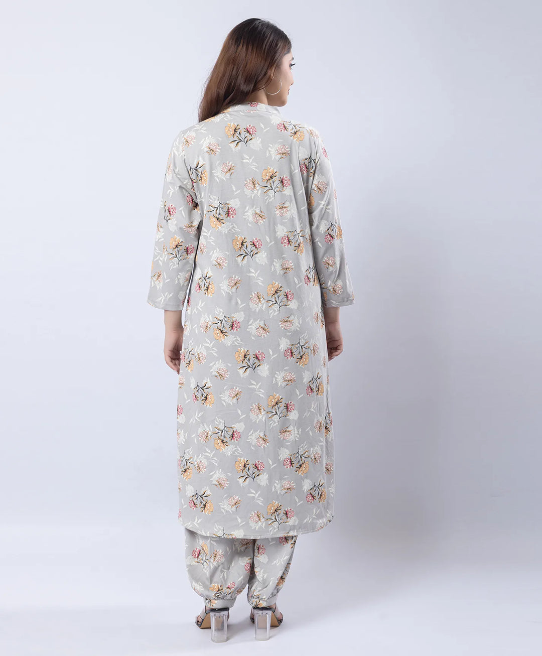 Mandarin Collar Quarter Sleeve Floral Kurti & Narrow Ankle Hem Afghani Suit