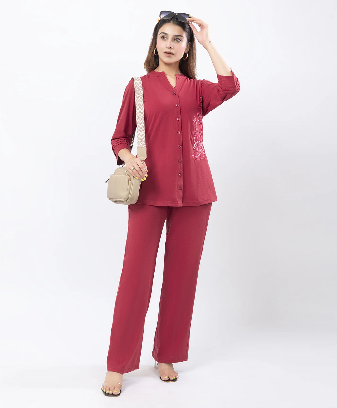 Front-Open Casual Embroidered Co-Ord Set