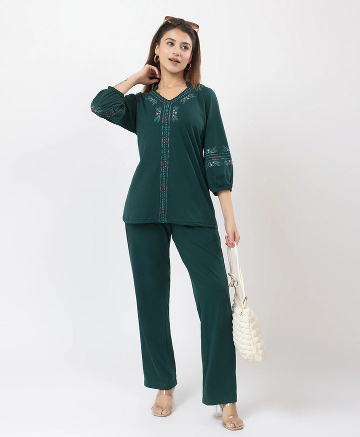 Elegant V-Neck Embroidered Co-Ord Set
