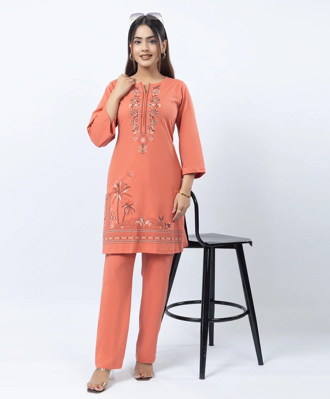 Premium Round Neck Border Printed Kurta Set with Straight-Fit Pants
