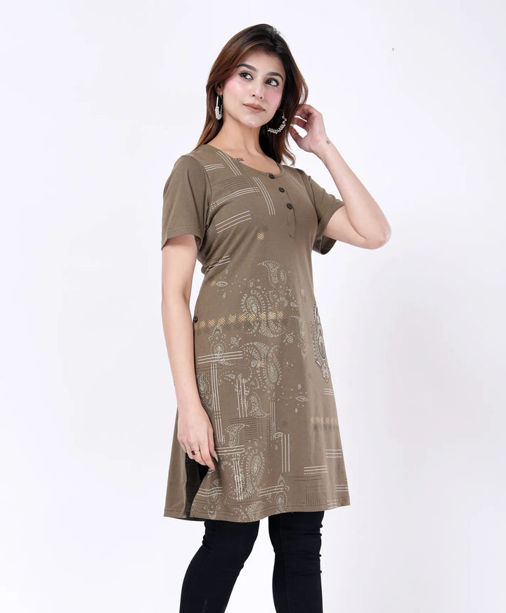 Elegant Printed Button-Neck Straight Long Top