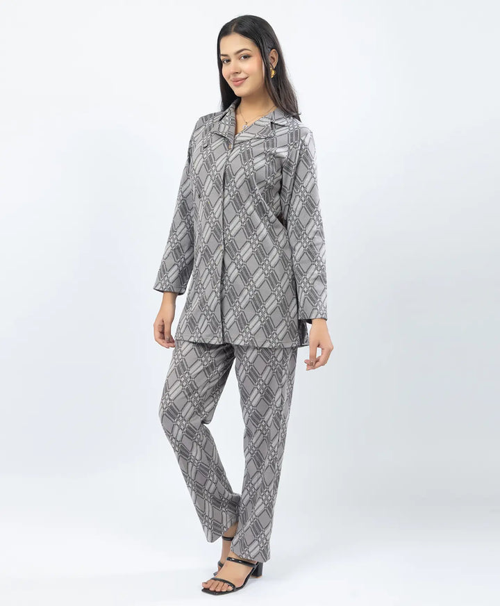 Checkered Co-Ord Set with Double-Button Front Placket & Straight Pants