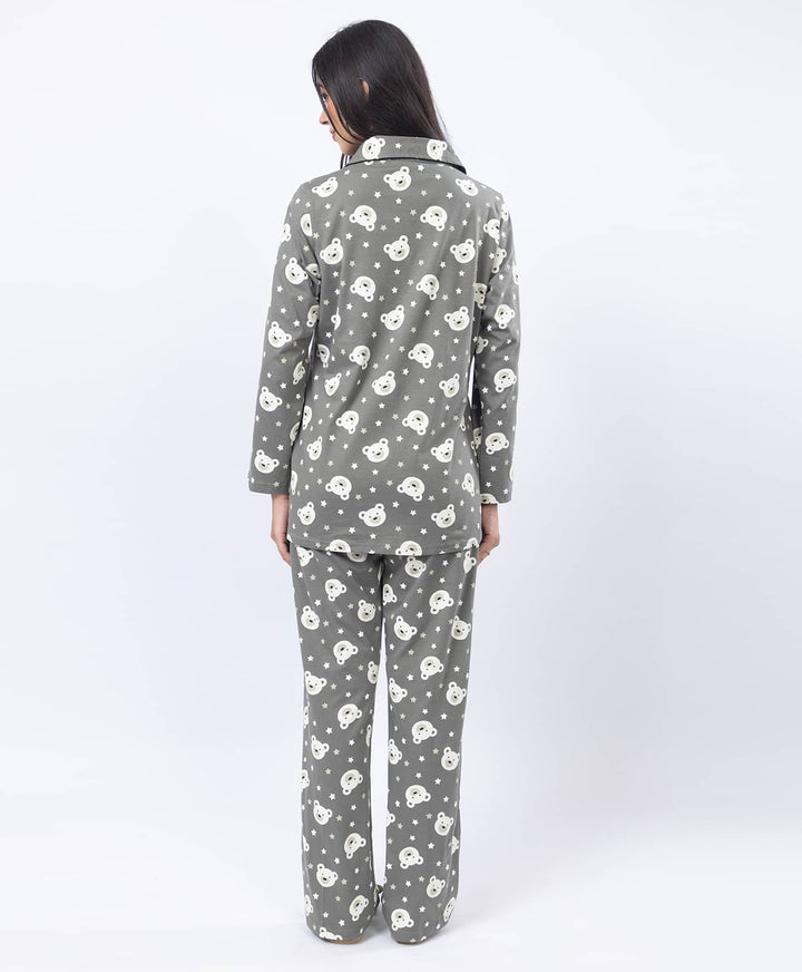 Printed Shirt Collar Front Open Night Suit Set