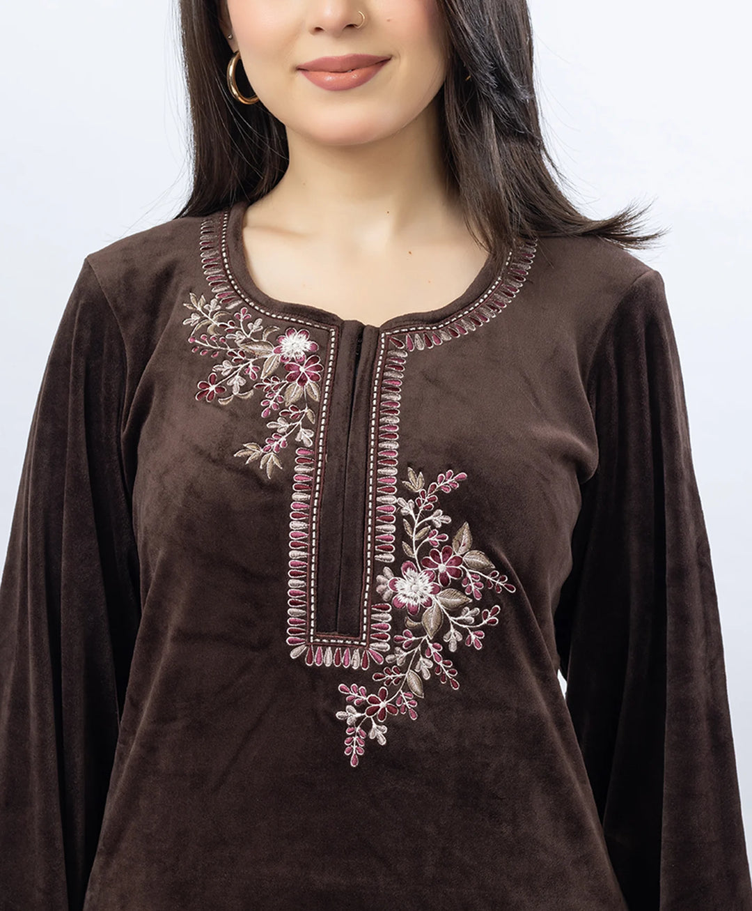 Round Neck Buttoned Kurta and Trouser Set with Embroidery & Pockets.