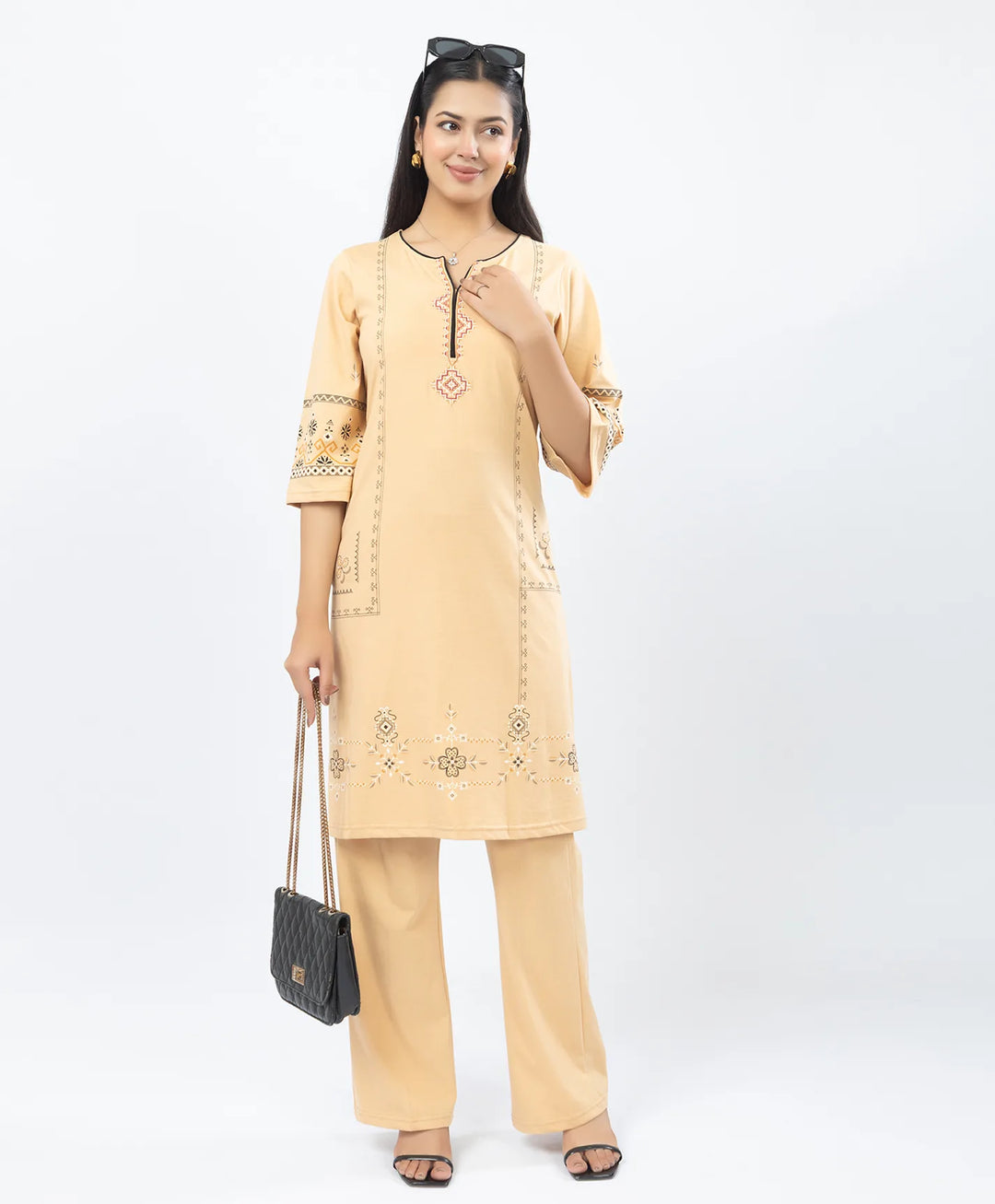 Straight Fit Long Kurta Set with Printed Embroidery Accents
