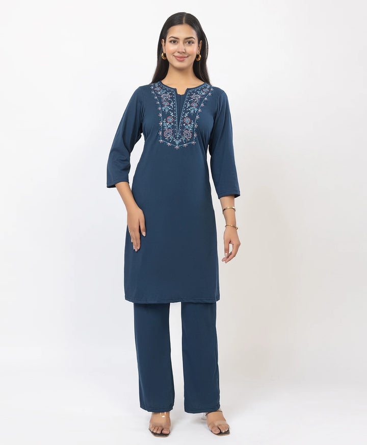 Stylish Neckline Embroidery Straight Kurta Pant Set