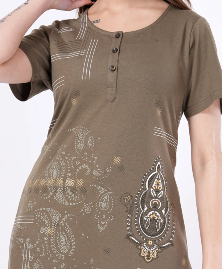 Elegant Printed Button-Neck Straight Long Top
