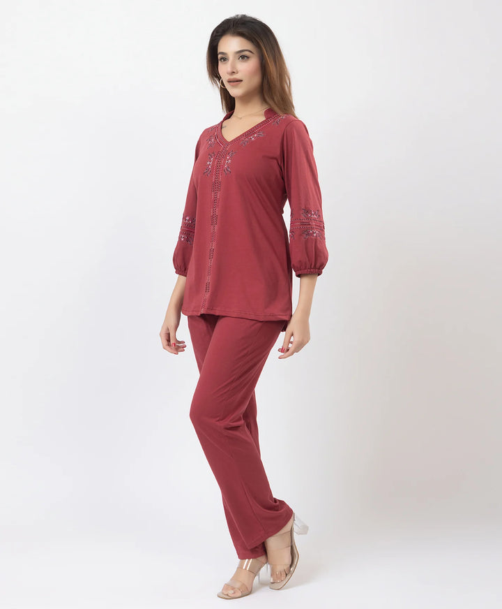 Elegant V-Neck Embroidered Co-Ord Set