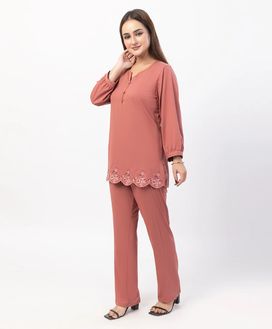 Floral Cut Work Hem Kurta Set with fitted Cuffed Sleeves