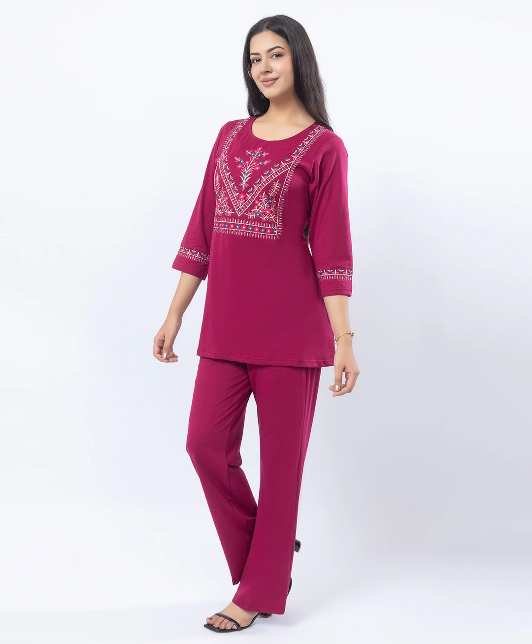 Premium Round Neck Embroidered Straight-Fit Co-Ord Set