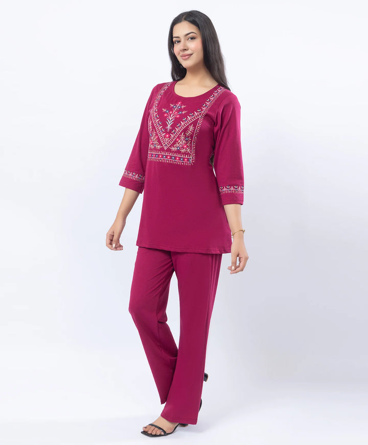 Premium Round Neck Embroidered Straight-Fit Co-Ord Set