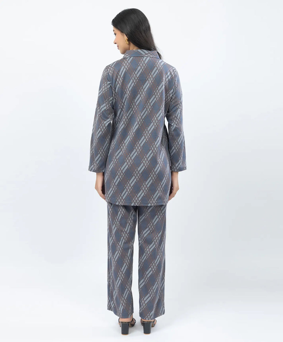 Checkered Co-Ord Set with Double-Button Front Placket & Straight Pants