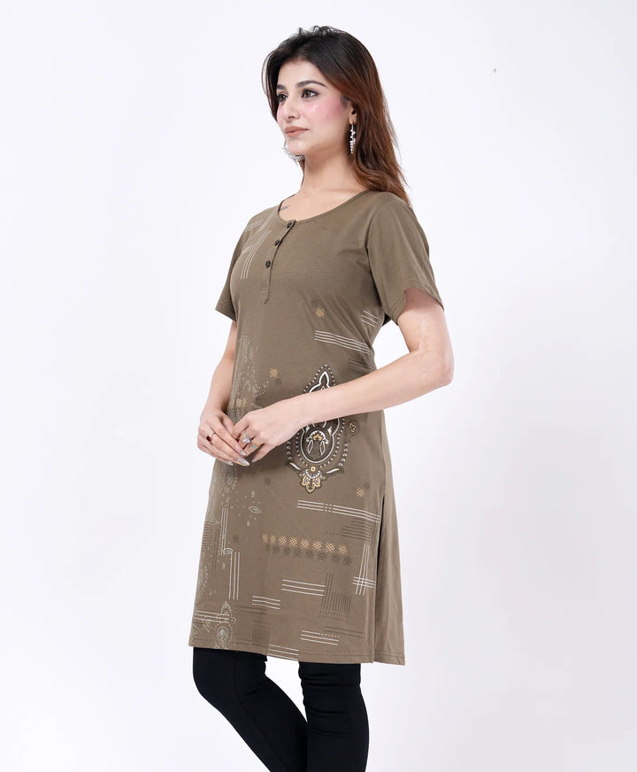 Elegant Printed Button-Neck Straight Long Top