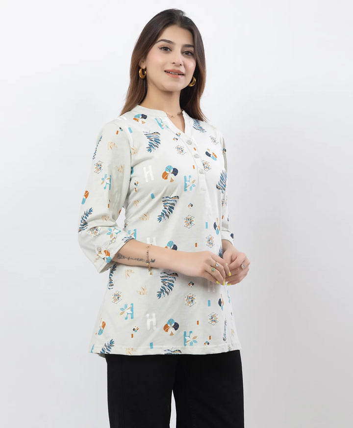 Printed Front-Placket Hip-Length Short Kurti