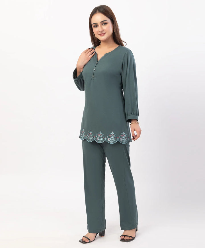 Floral Cut Work Hem Kurta Set with fitted Cuffed Sleeves