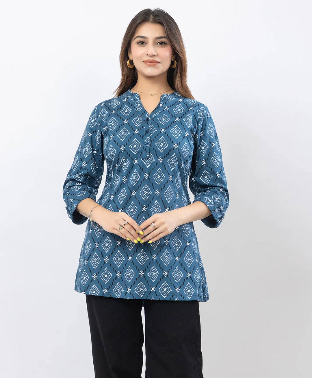 Printed Front-Placket Hip-Length Short Kurti