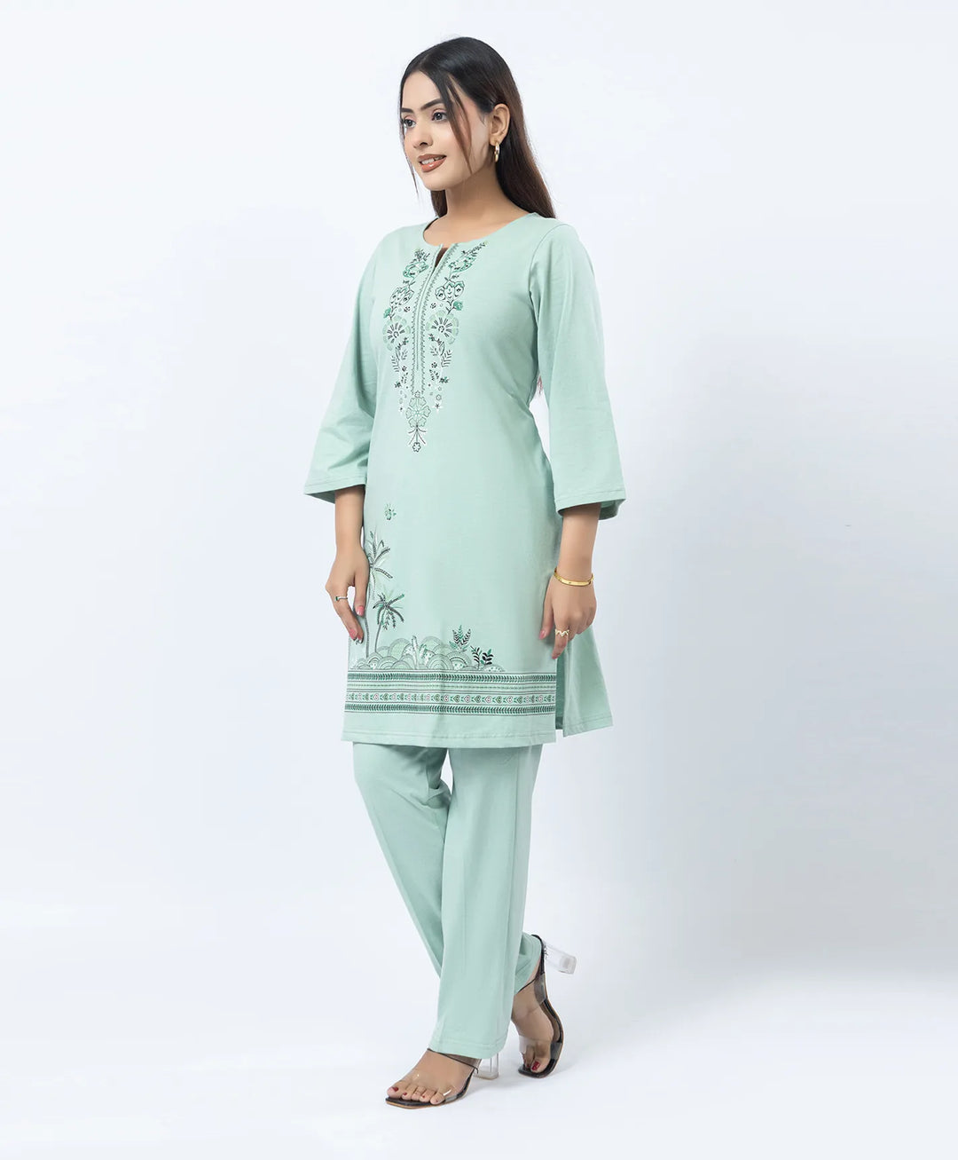 Premium Round Neck Border Printed Kurta Set with Straight-Fit Pants