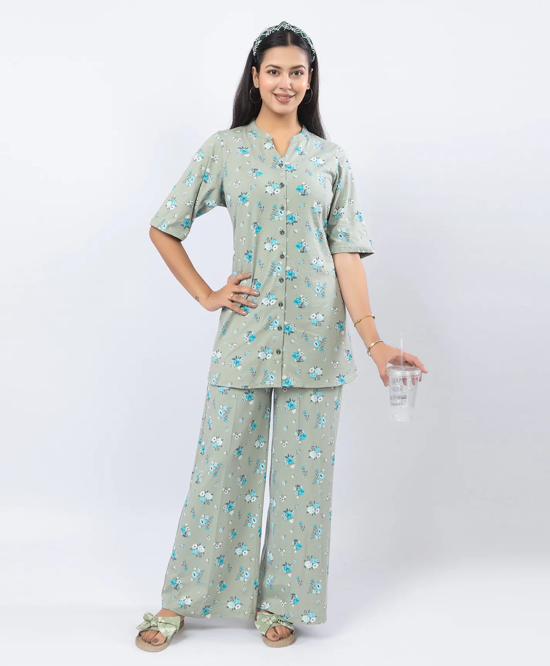 Front-Open Printed Wide-Leg Night Suit