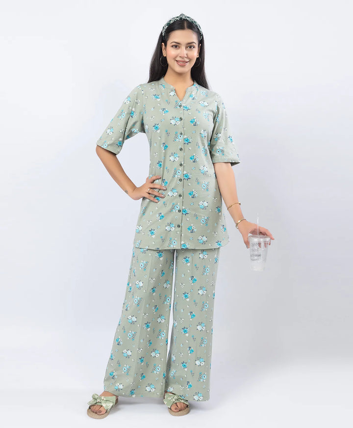 Front-Open Printed Wide-Leg Night Suit