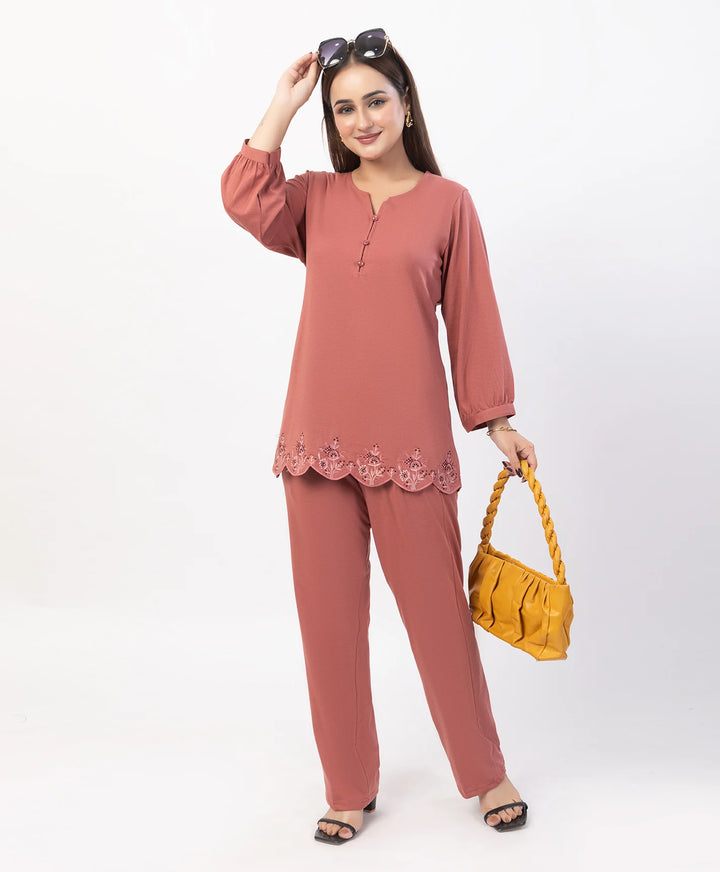 Floral Cut Work Hem Kurta Set with fitted Cuffed Sleeves