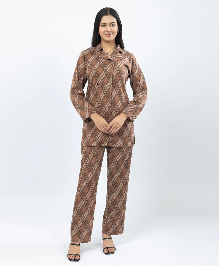 Checkered Co-Ord Set with Double-Button Front Placket & Straight Pants