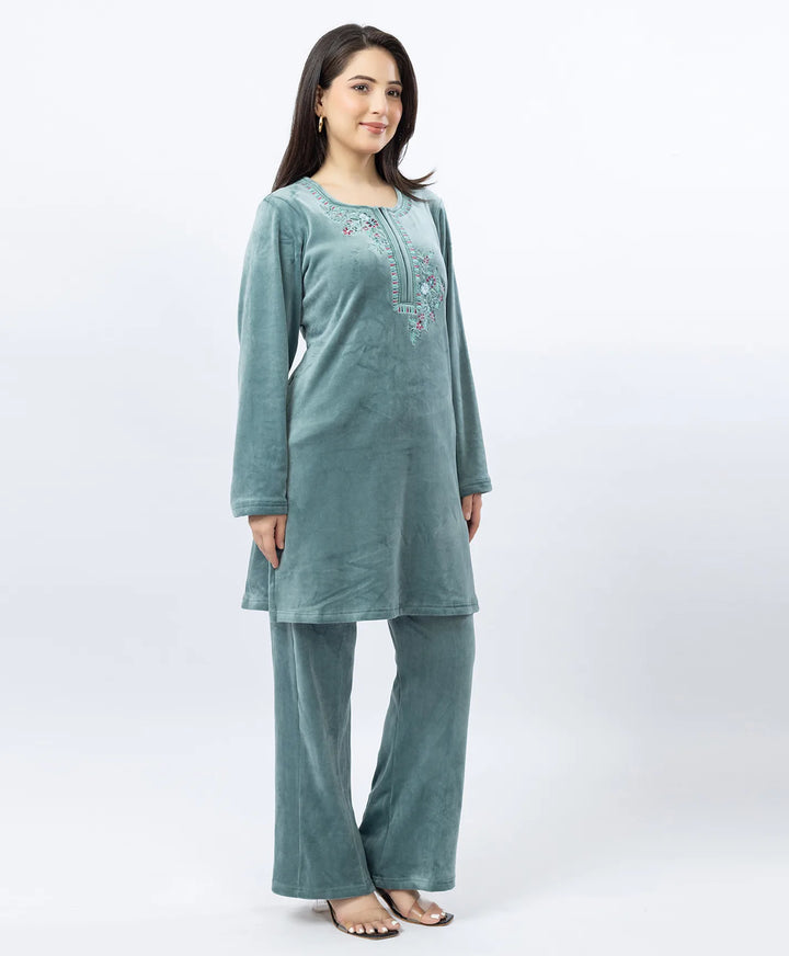 Round Neck Buttoned Kurta and Trouser Set with Embroidery & Pockets.