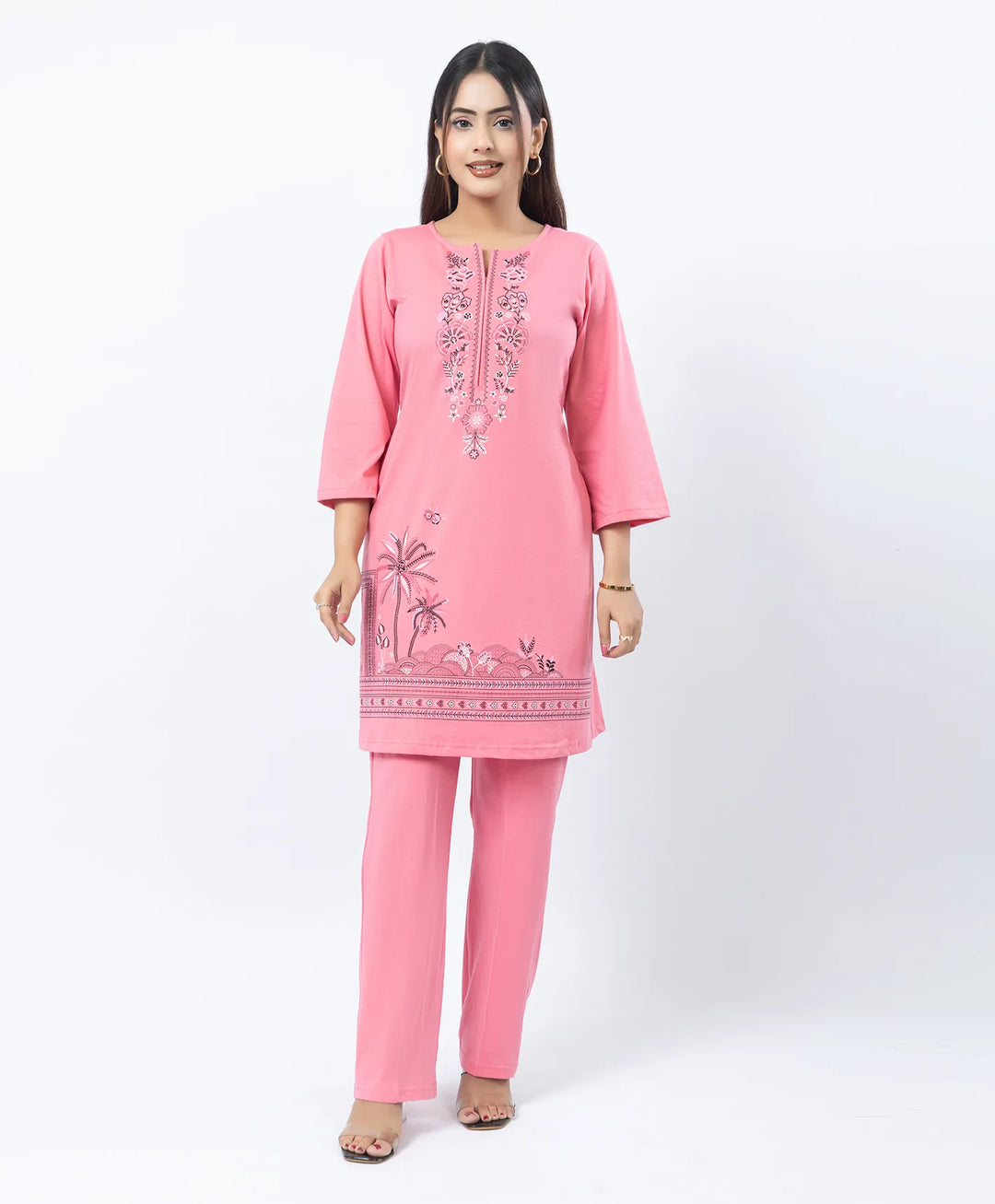 Premium Round Neck Border Printed Kurta Set with Straight-Fit Pants