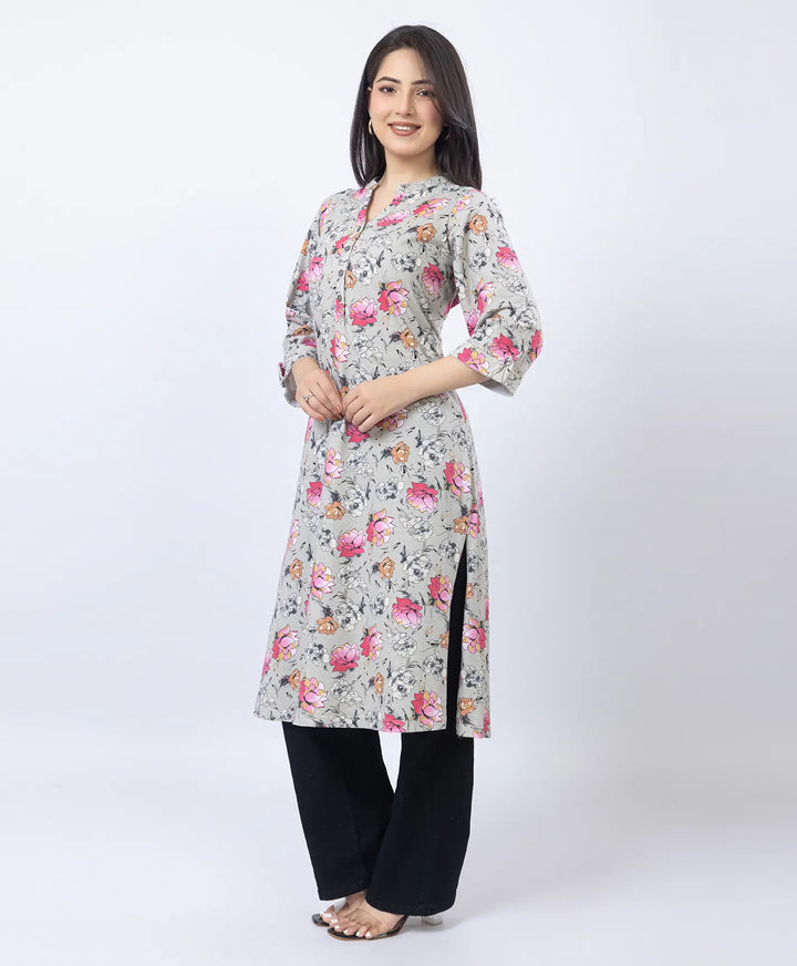 Floral Print Straight Silhouette Long Kurti
