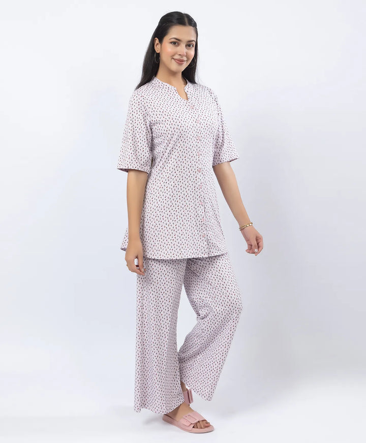 Front-Open Printed Wide-Leg Night Suit